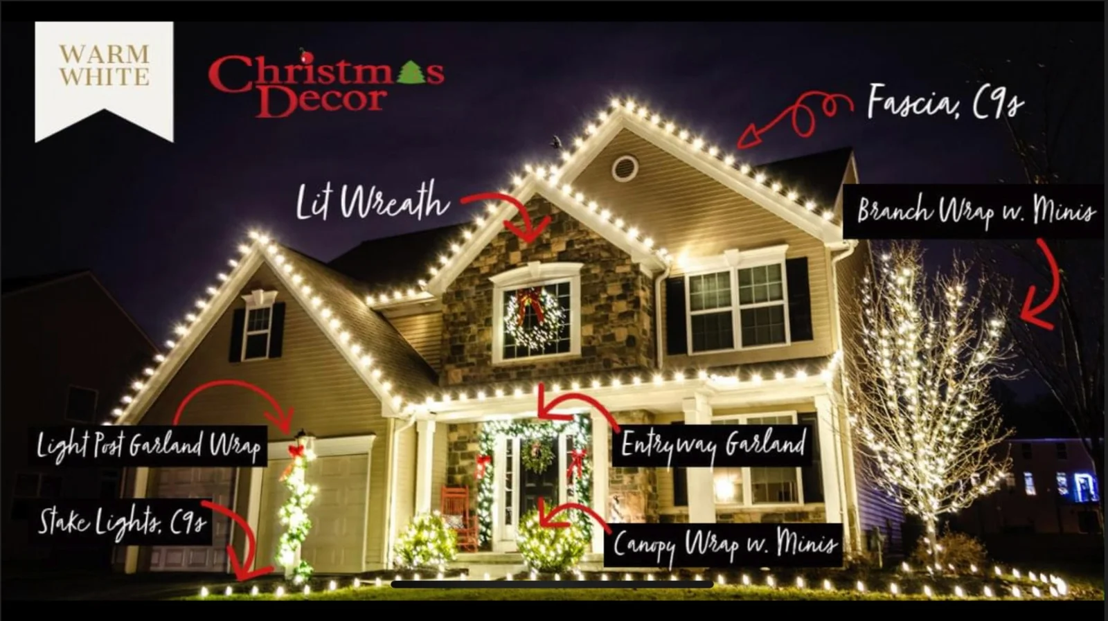 Green Acres professional holiday lighting installation on two-story home with warm white LED lights, wreath, and decorated tree